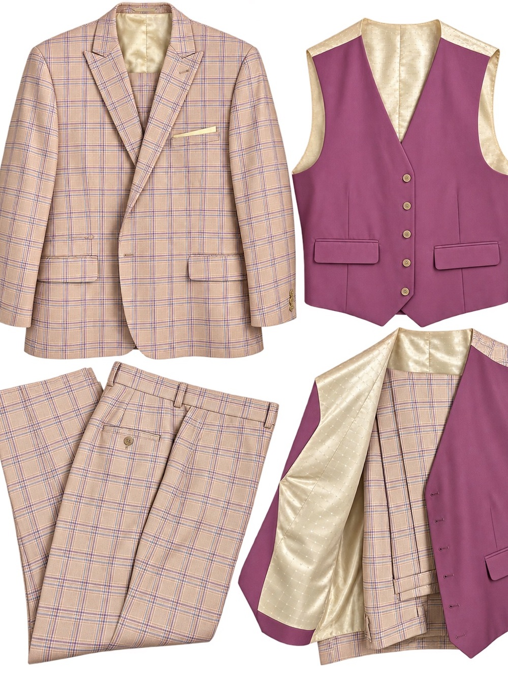 Steve Harvey Reserve 3-Piece Suit - SZ 52L 47W - Tan plaid w/ Burgundy Vest